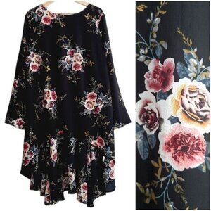 High-Low Hem Boho Floral Tunic Top Blouse Pleated Back Scoop Neck Black Sz 0X